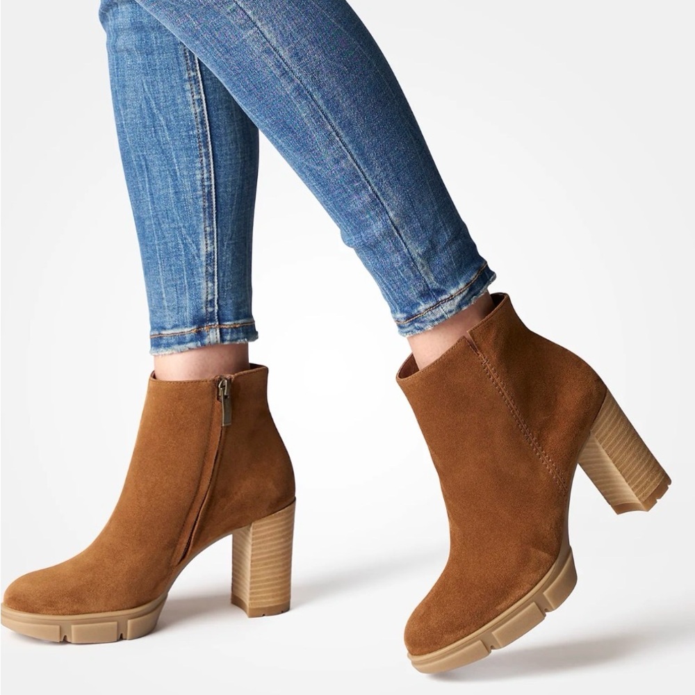 Paul Green Samantha Toffee Suede Stacked Heel Boots, Size 7